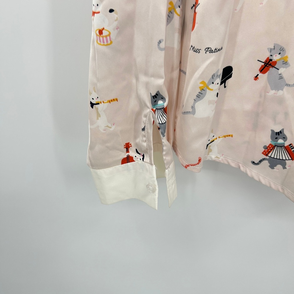 Miss Patina Musical Cat Print Novelty Collar Blouse M Pink Twee Kawaii Whimsical - Picture 2 of 9